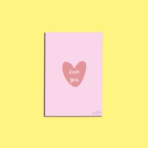 A6 rectangular card, light pink background and doodle heart with 'love you' in cursive font.