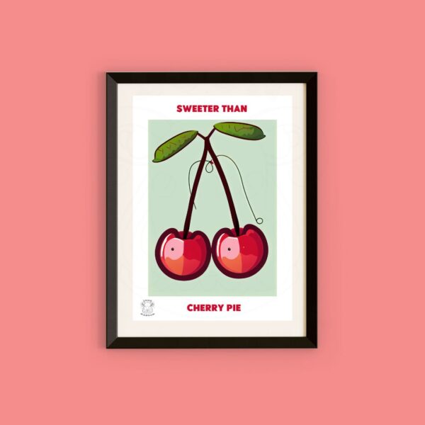 Illustration of two red cherries on a green background, with ‘Sweeter than cherry pie’ block typography in red.