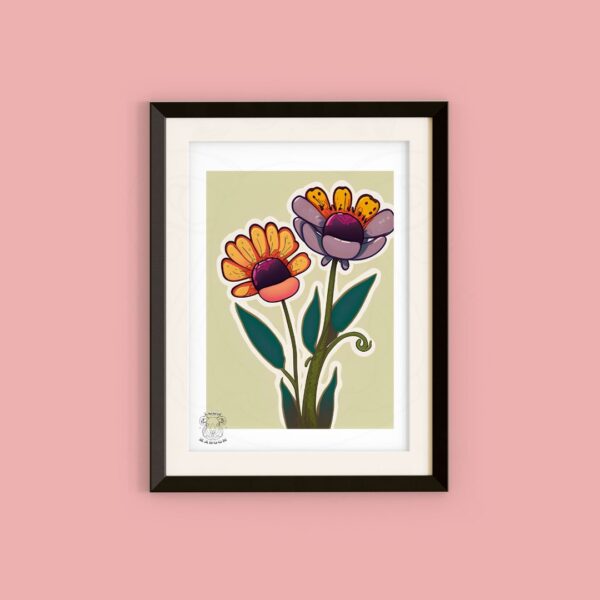 Flower pals print - Illustration of Two colourful flowers, one yellow and one purple, with green leaves on a light olive green background.