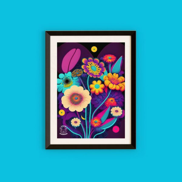 lllustration of neon flowers in bold pinks, purples, blues and yellows, with orange and red petals, on a light blue background.