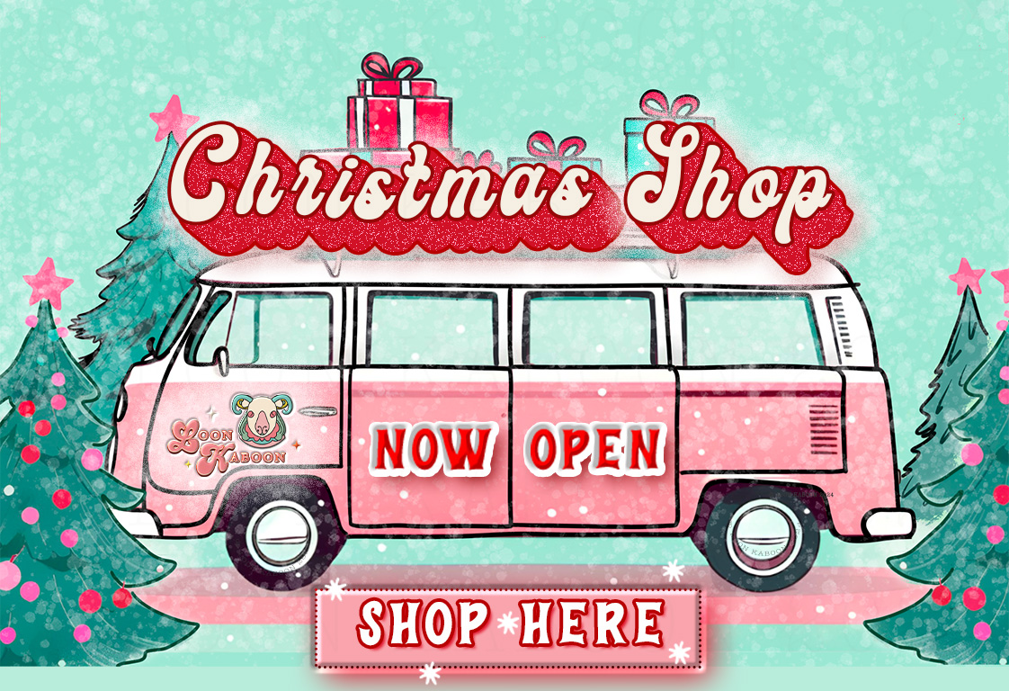 Christmas shop banner featuring a retro pink VW van with gifts on top and a 'Now Open' sign, framed by festive Christmas trees.