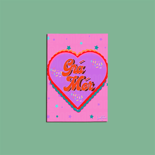 "Grá Mór" card with colourful Irish-inspired typography and heart motif on a pink background.