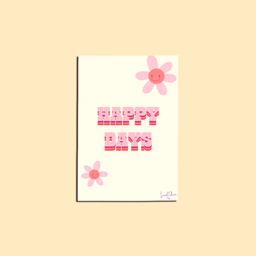 "Happy Days" card with retro-inspired smiley flowers in pink pastel tones.