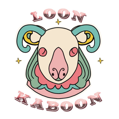 Sheep's head logo in cream, pink and turquoise, with Loon Kaboon name in gradient western font.