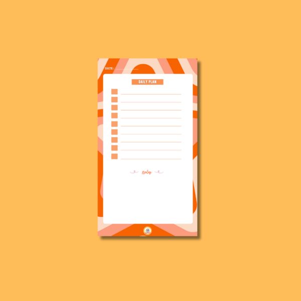 Swirly orange pattern 'Daily Plan' lined notepad.