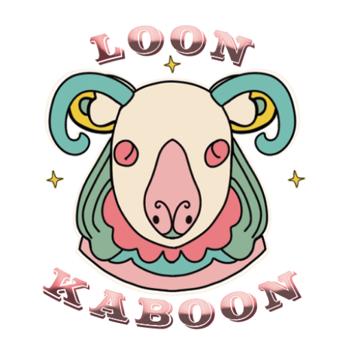 Sheep's head logo in cream, pink and turquoise, with Loon Kaboon name in gradient western font.