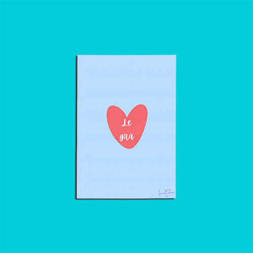 "Le Grá" card with a pink heart on a light blue background.