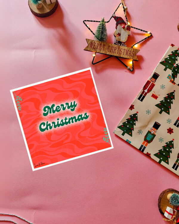 Retro-style Christmas card with a red background and bold 'Merry Christmas' text.