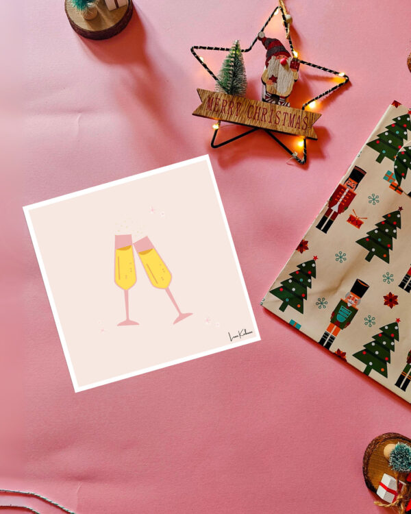 Minimalistic Christmas card featuring two glasses of Prosecco toasting