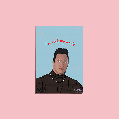 "You Rock My World" card with a pop culture-inspired illustration of Dwayne Johnson on a blue background.