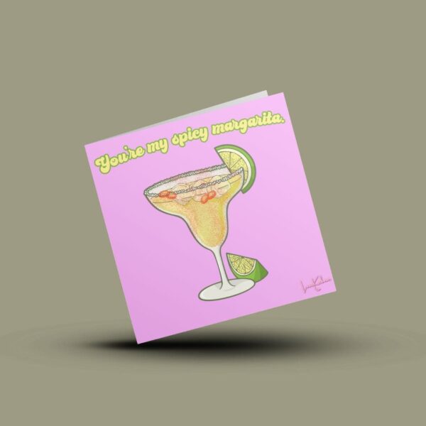 "Spicy Margarita" card with a margarita glass illustration and chili peppers on a pink background.