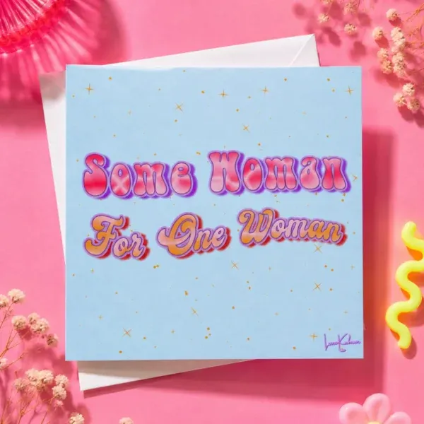 'Some Woman' Greeting Card flat lay on funky colourful background.