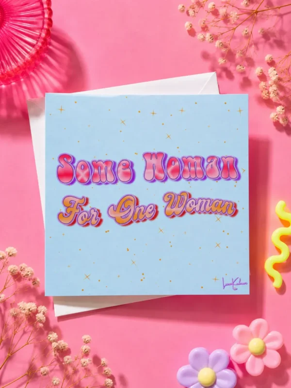 'Some Woman' Greeting Card flat lay on funky colourful background.