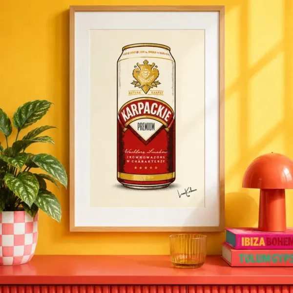 Karpackie Can Print framed against funky background.