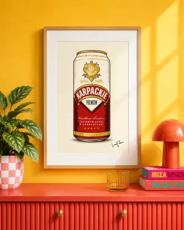 Karpackie Can Print framed against funky background.