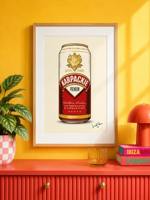 Karpackie Can Print framed against funky background.