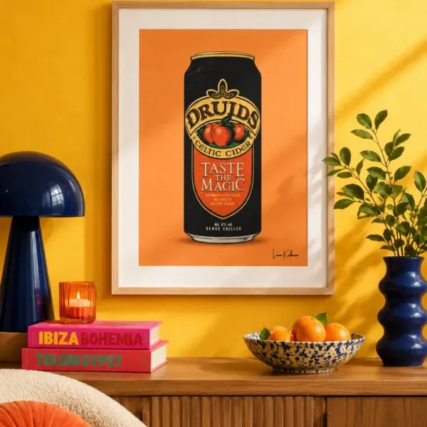 Druids Cider Can Print framed against funky background.