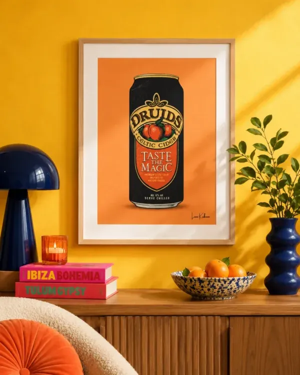 Druids Cider Can Print framed against funky background.
