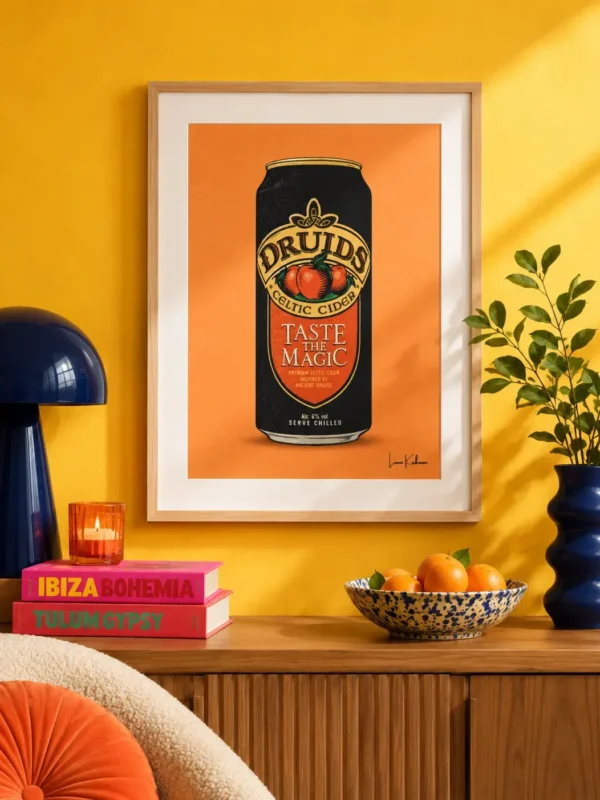 Druids Cider Can Print framed against funky background.