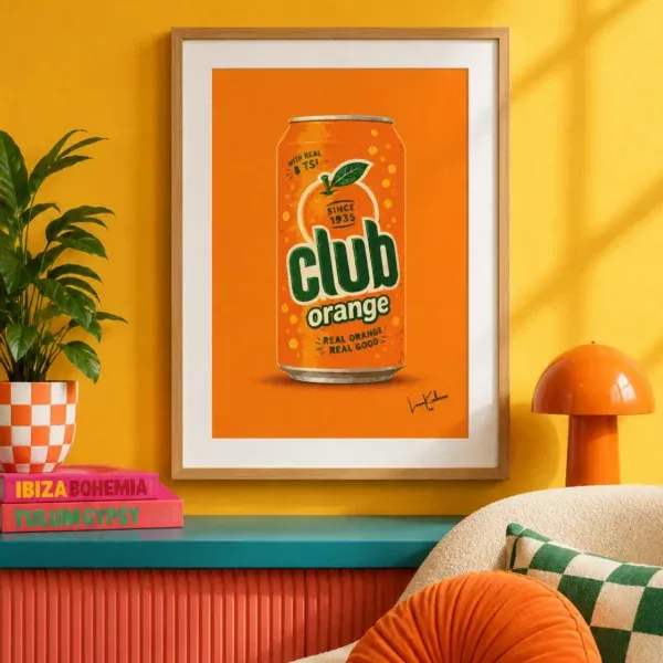 Club Orange Can Print framed against funky background.