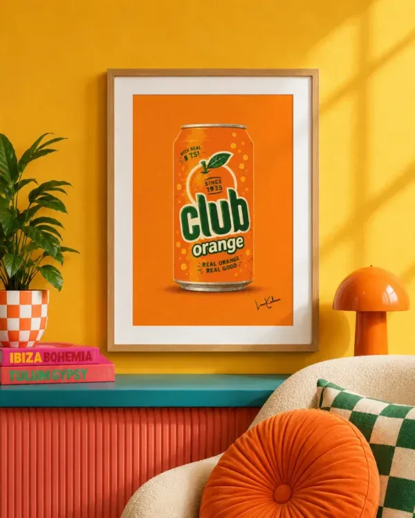 Club Orange Can Print framed against funky background.