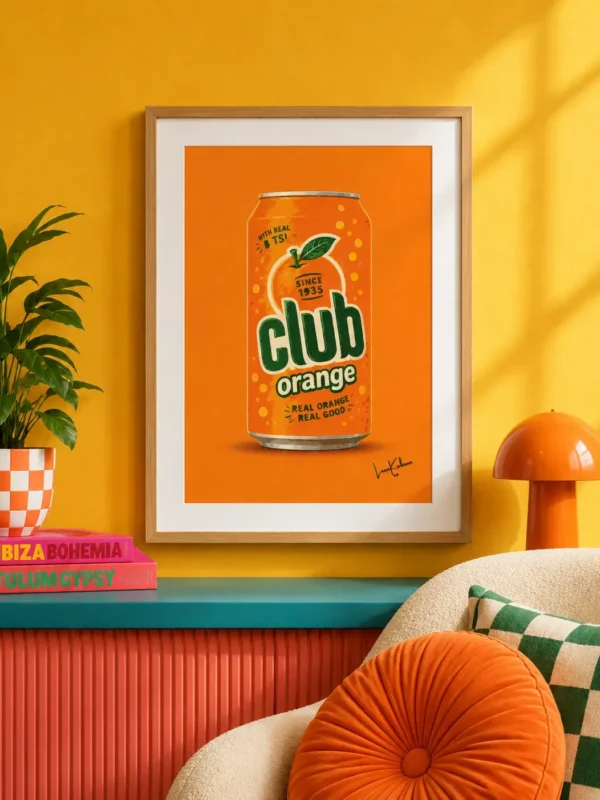 Club Orange Can Print framed against funky background.