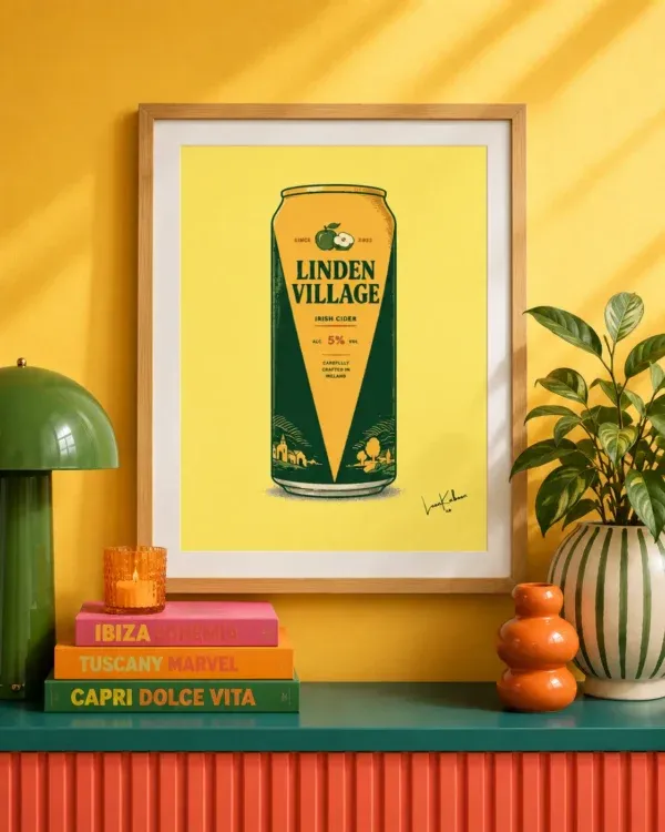 Linden Village Cider Can Print Linden Village Can Print framed against funky background.