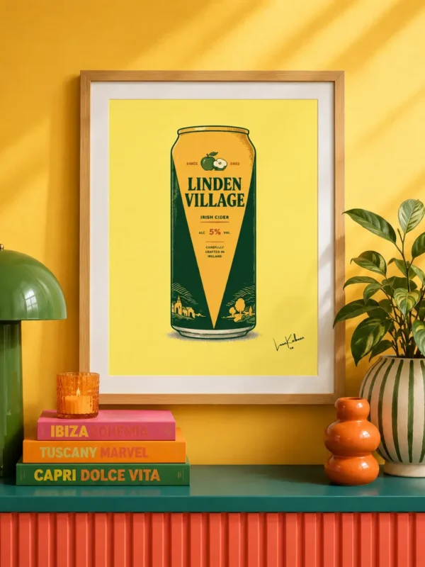 Linden Village Can Print framed against funky background.
