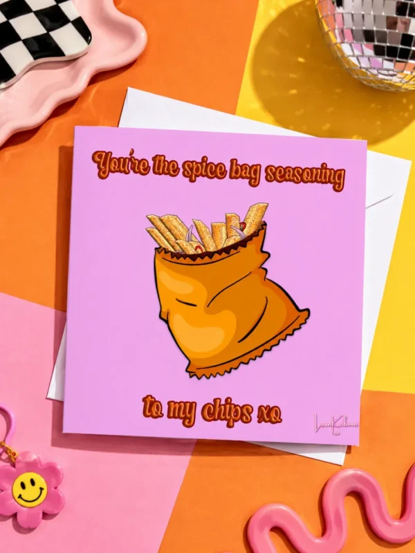 Irish Spice Bag Greeting Card flat lay on colourful table.