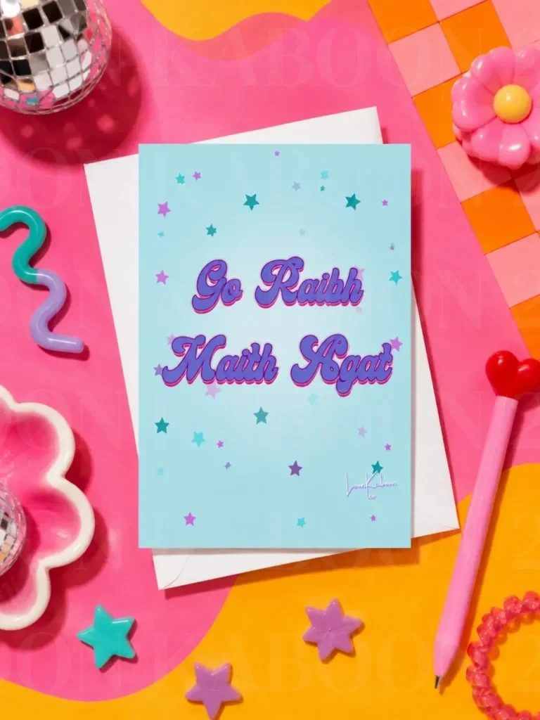 Go Raibh Maith Agat Card flat lay against funky colourful table