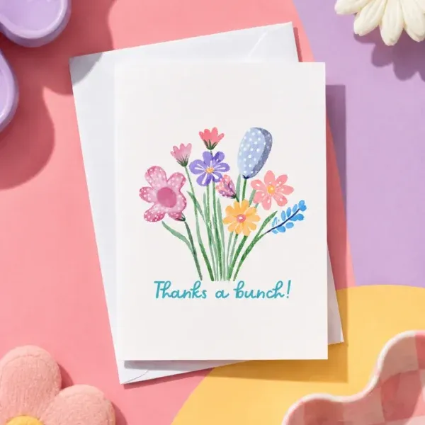 Thanks A Bunch Card flat lay on funky background.