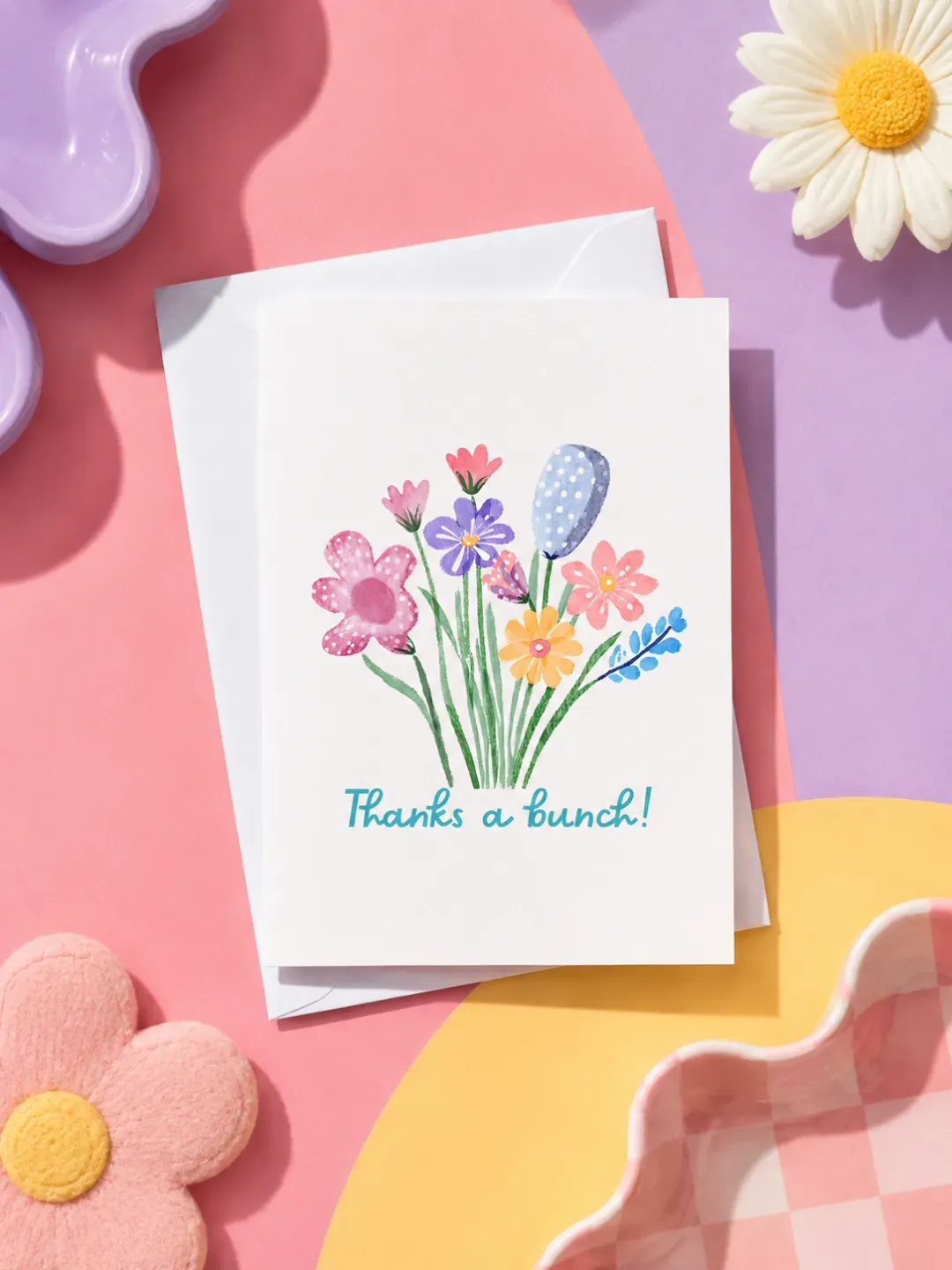 Thanks A Bunch Card flat lay on funky background.