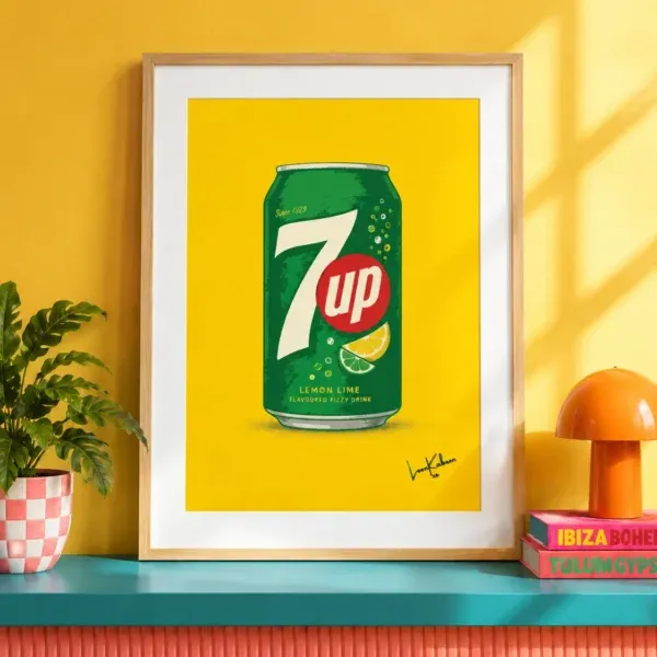 Layered 7Up Can Print framed against funky background.