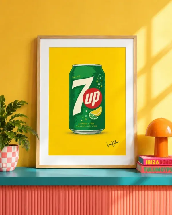 Layered 7Up Can Print framed against funky background.