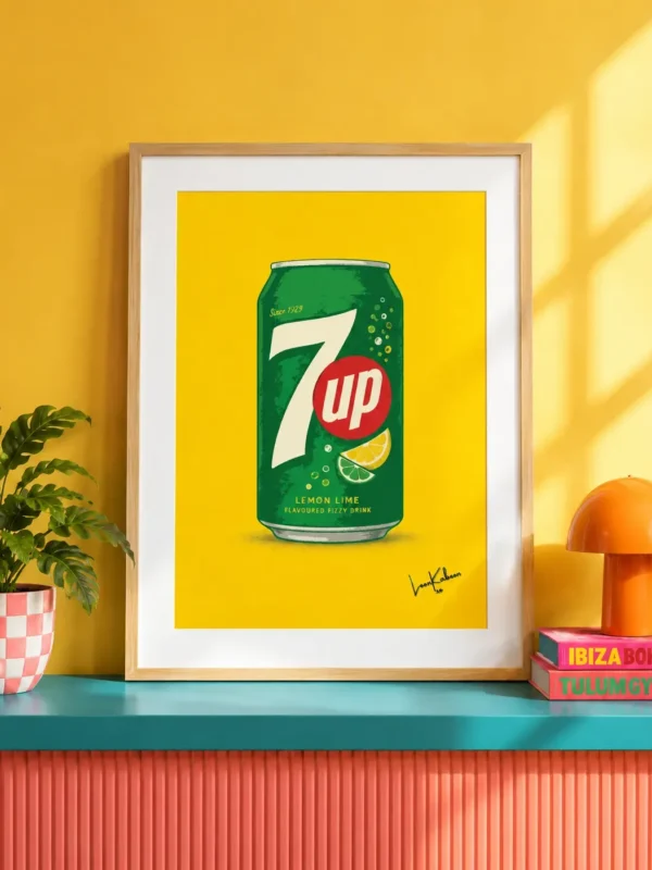 Layered 7Up Can Print framed against funky background.