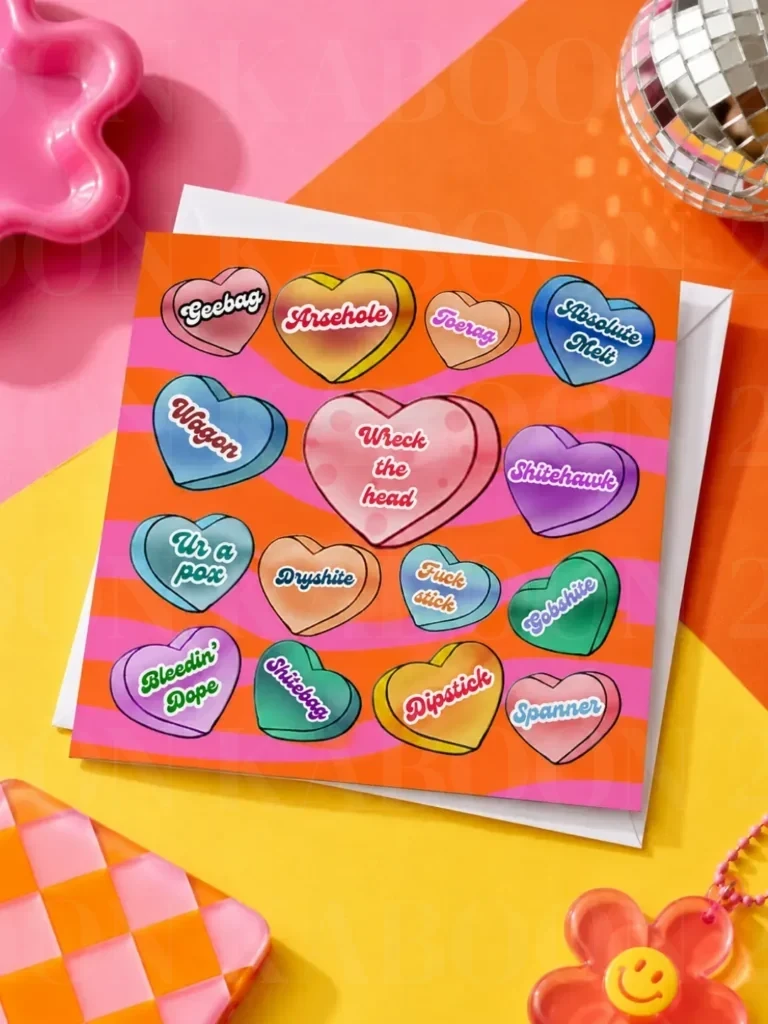 Irish Swear Word Greeting Card flat lay with funky table backrgound