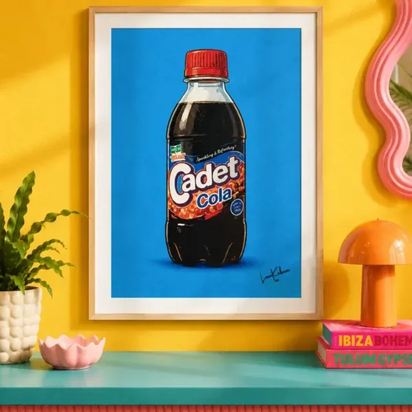Cadet Cola Print framed against funky background.