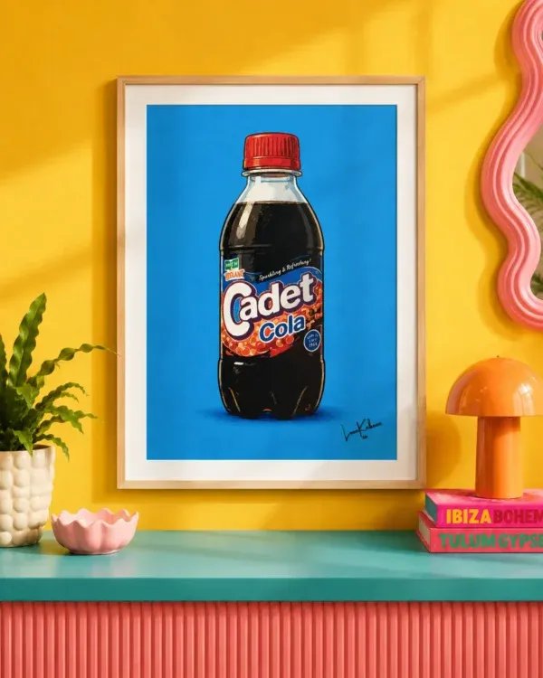 Cadet Cola Print framed against funky background.