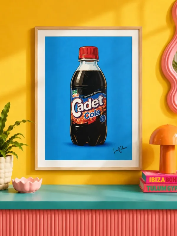 Cadet Cola Print framed against funky background.