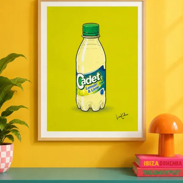 Cadet Lemon & Lime Print framed against funky background.