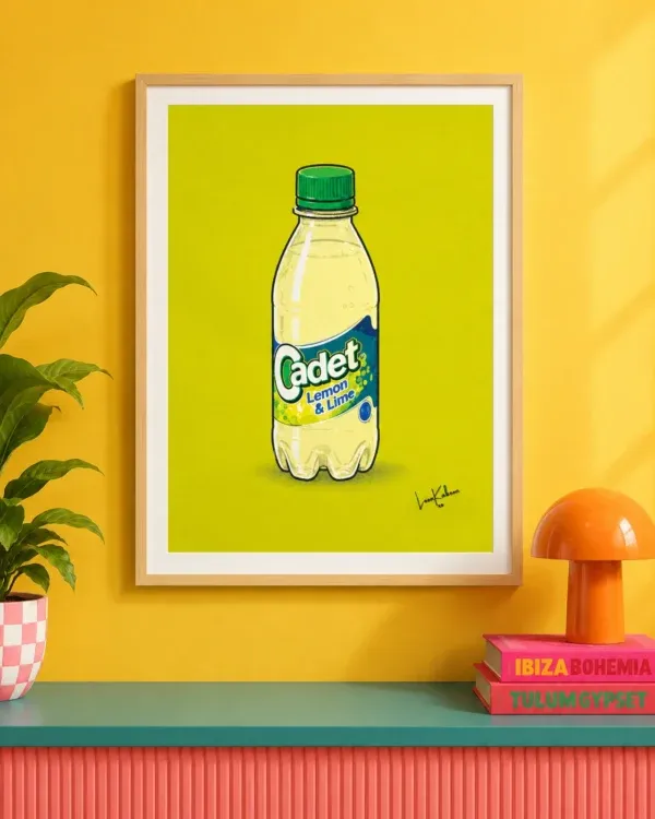 Cadet Lemon & Lime Print framed against funky background.