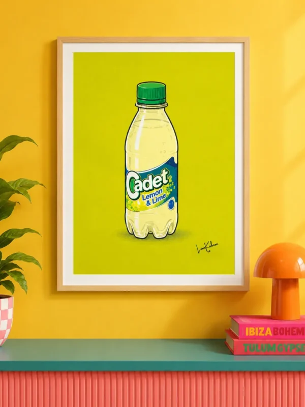 Cadet Lemon & Lime Print framed against funky background.