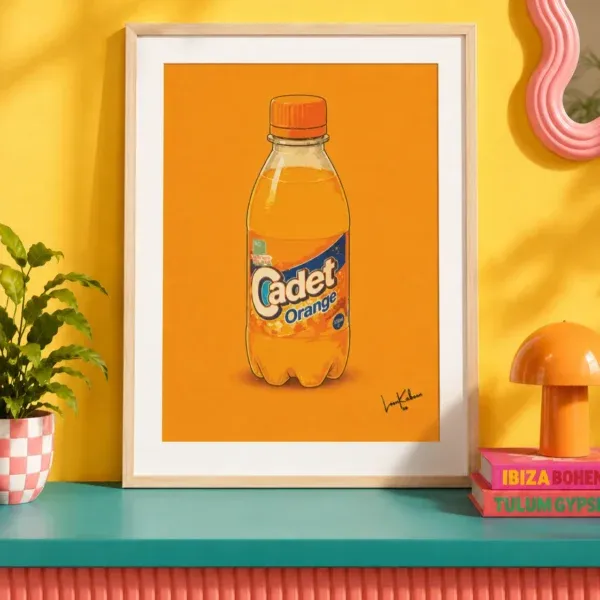 Cadet Orange Print framed against funky background.