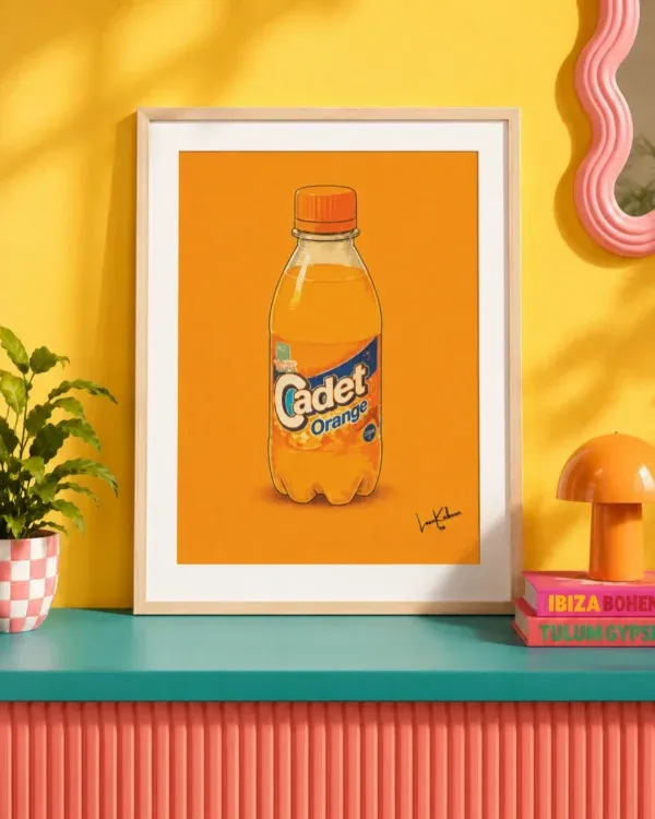 Cadet Orange Print framed against funky background.