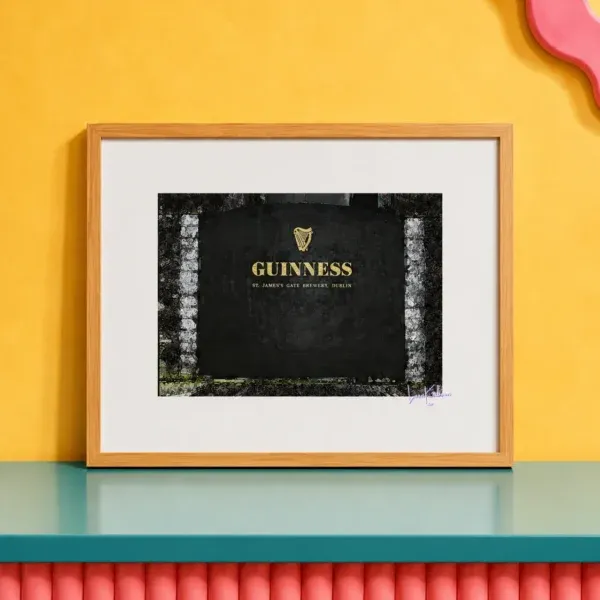 Guinness James's Gate Print framed against funky background.