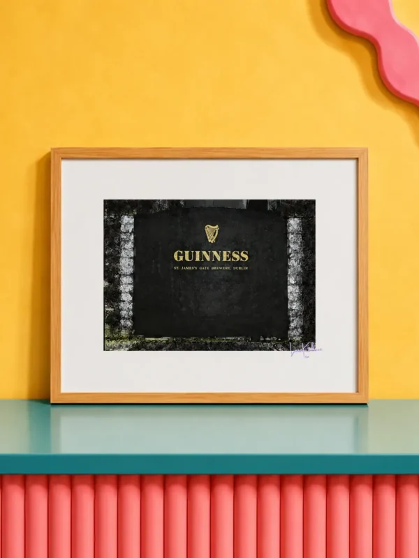 Guinness James's Gate Print framed against funky background.
