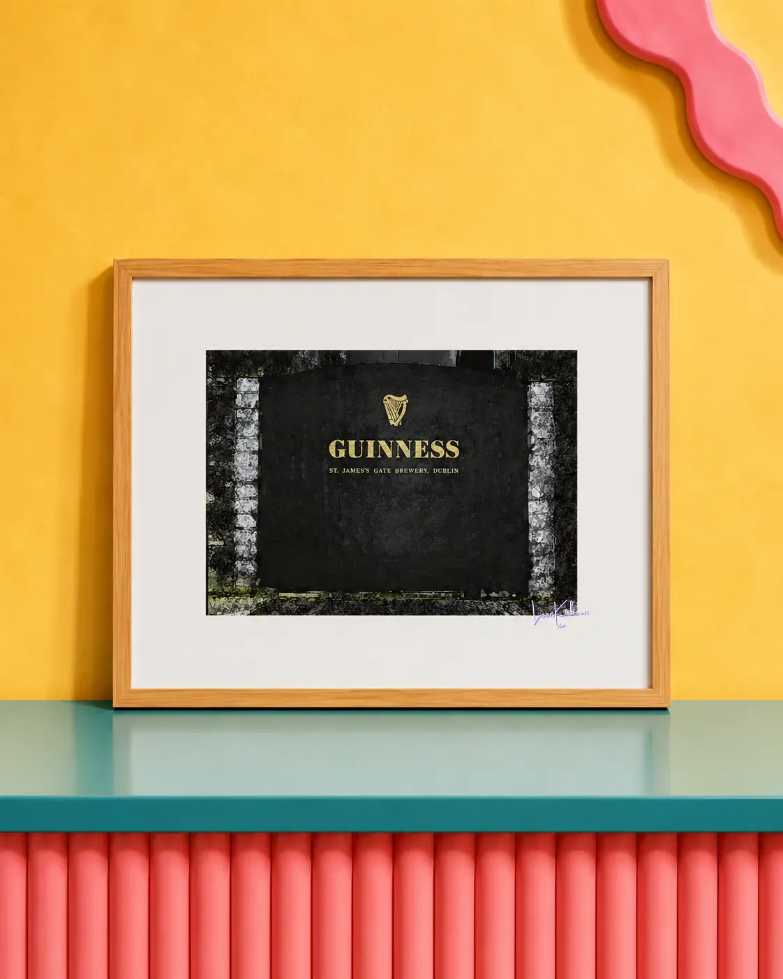 Guinness James's Gate Print framed against funky background.