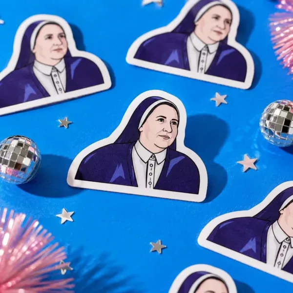 Sister Michael Derry Girls Sticker on blue background with funky silver stars.