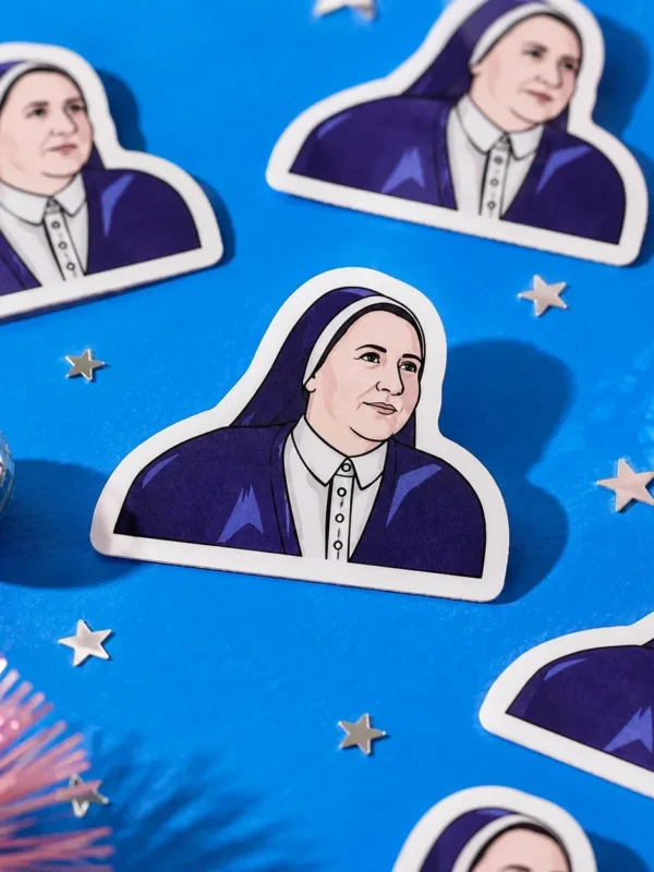 Sister Michael Derry Girls Sticker on blue background with funky silver stars.