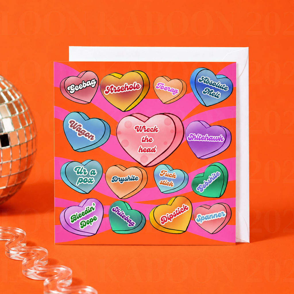 Love Hearts Irish Swear Word Greeting Card hand illustrated greeting card by Loon Kaboon